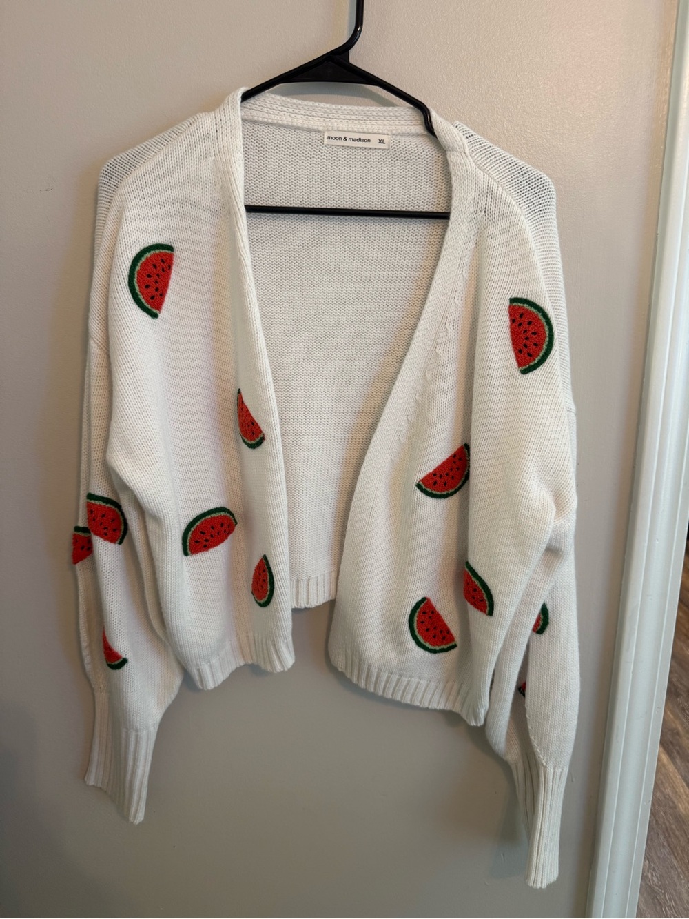 moon & madison White Cardigan with Red and Green Watermelon Motifs